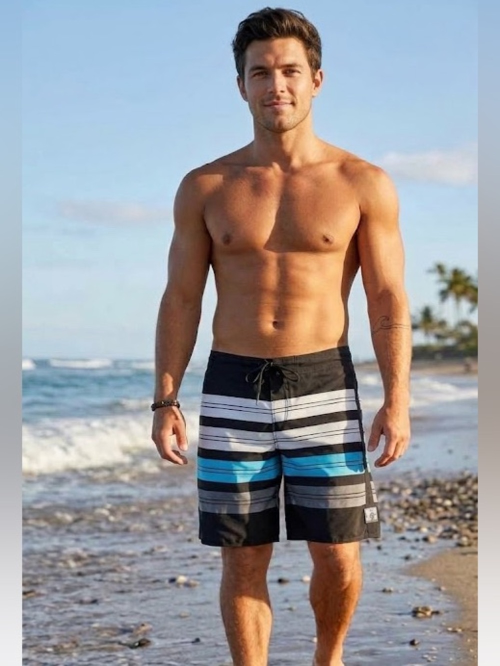Body Glove Black, White & Blue Striped Swim Board Shorts